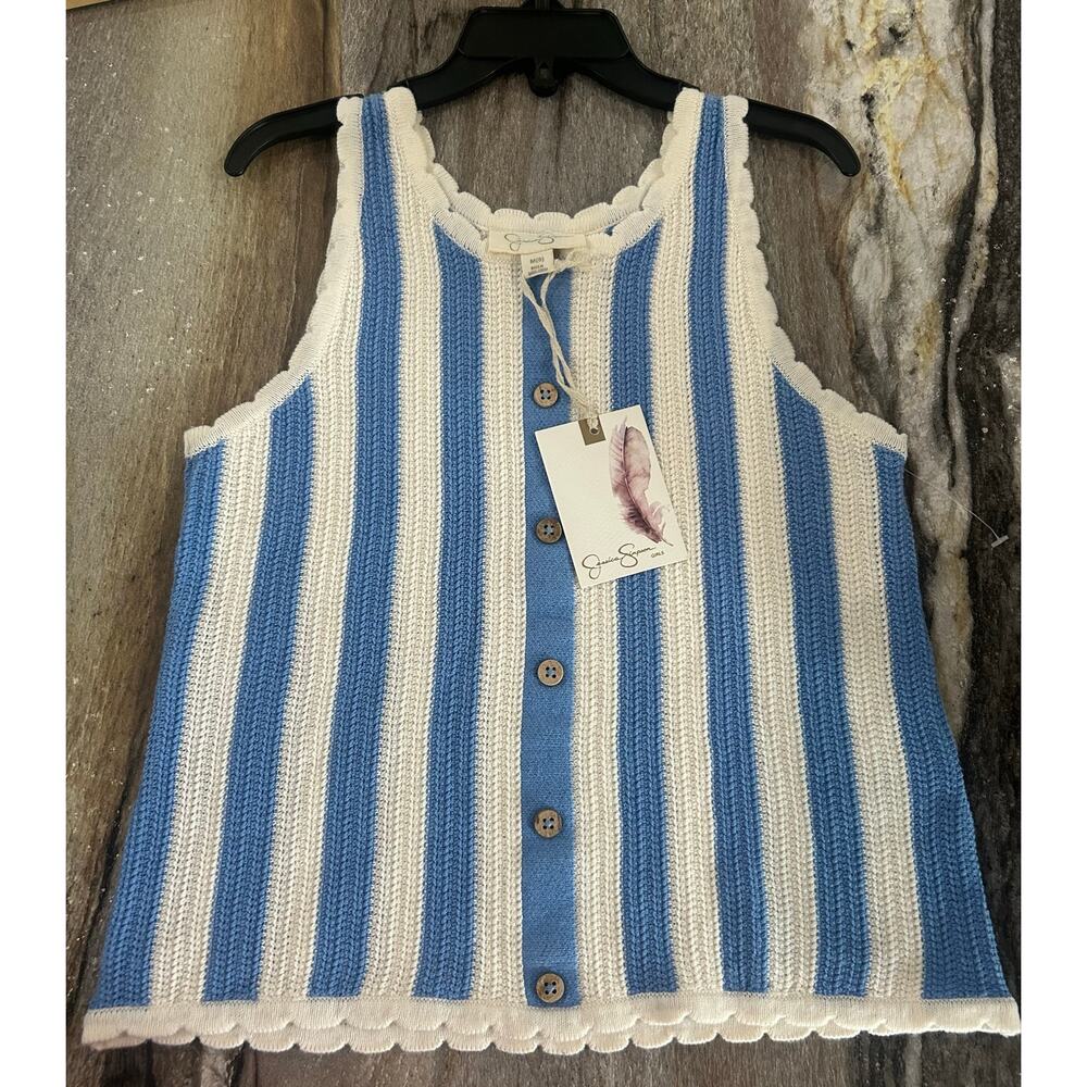 Jessica Simpson Crochet-Striped Knit Tank Top in Blue and White-Size 8 NEW
